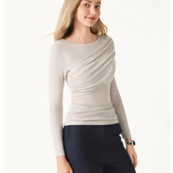 OGL Tencel-Wool Gathered Long Sleeve Brami Top in Heathery Fog Ivory XL - NEW - Picture 3 of 12